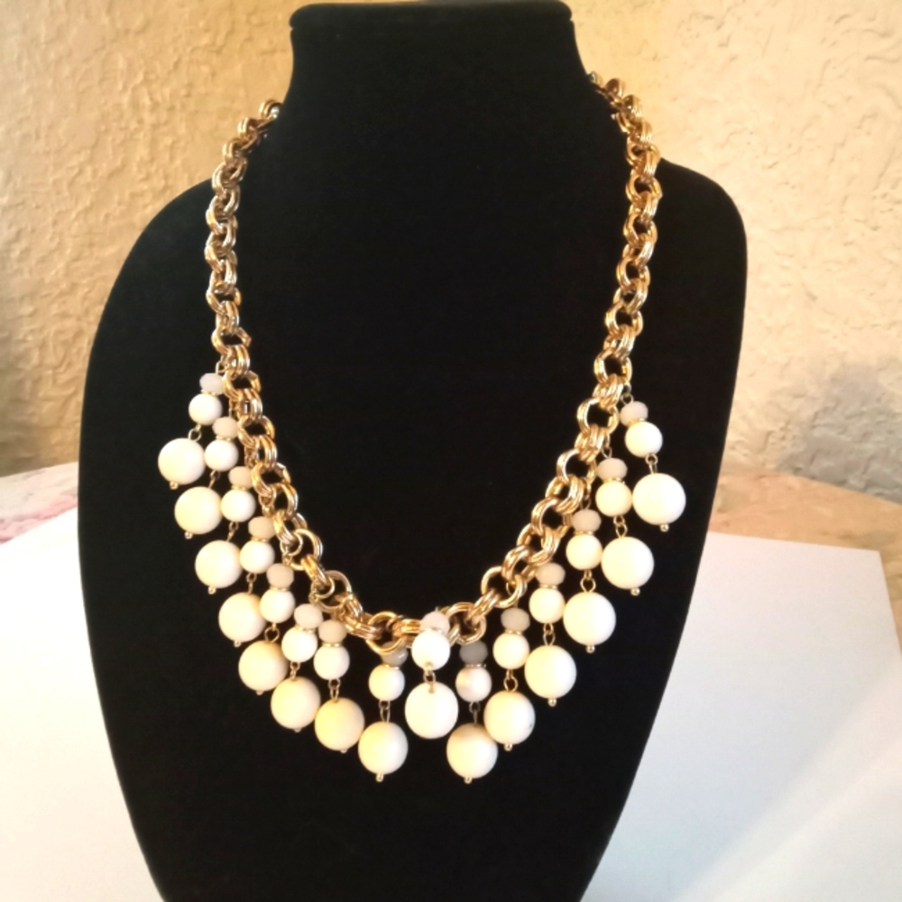 Ann Taylor Gold Tone White Bead Necklace